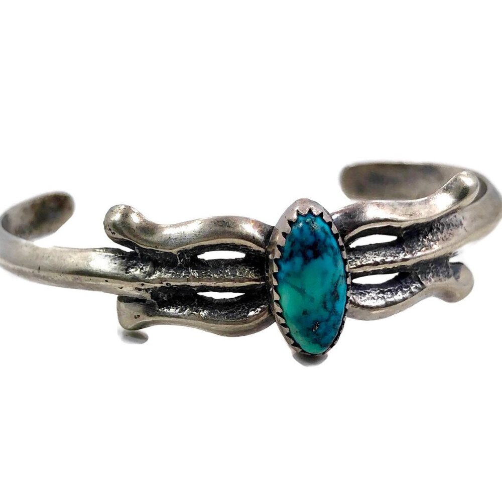 Vintage, Turquoise Cuff Sterling Silver, Sand Cast, Native American, Small Wrist - Picture 1 of 5